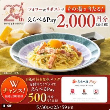 2,000円分のえらべるPayがその場で当たるXキャンペーン