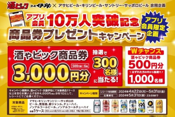 【酒ゃビック】アプリ会員10万人突破記念 商品券プレゼントキャンペーン