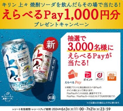 えらべるPay1,000円分が3,000名様にその場で当たる大量当選懸賞