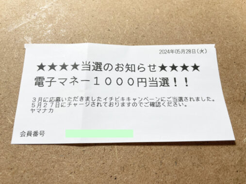 ヤマナカ×イチビキ・日清・ハウスのクローズド懸賞で「電子マネー1,000円分」が当選