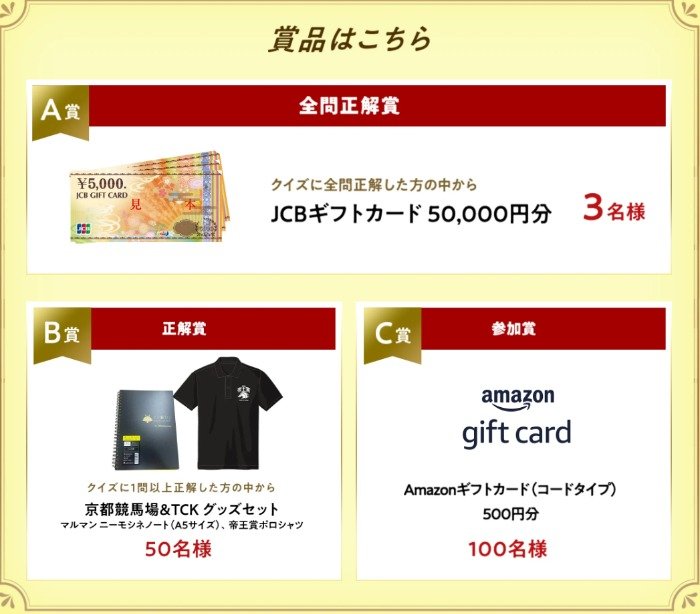 5万円分のギフトカードや東京シティ競馬グッズセットなどが当たるクイズキャンペーン｜懸賞主婦