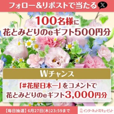 花とみどりのeギフト500円分がその場で当たるXキャンペーン