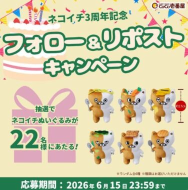 ネコイチぬいぐるみが22名様に当たる毎日応募Xキャンペーン