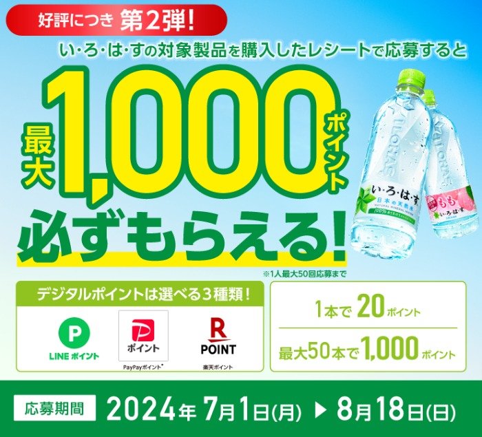 全プレ！最大1,000ポイントもらえる「い･ろ･は･す」購入キャンペーン