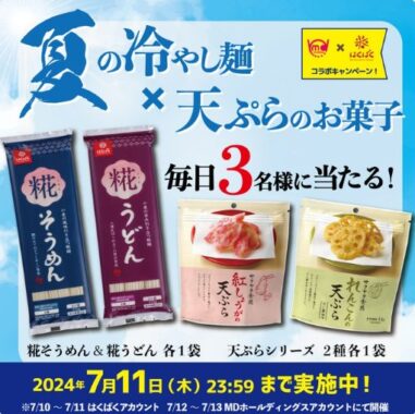 夏の冷やし麺＆天ぷらのお菓子セットが当たる毎日応募Xキャンペーン