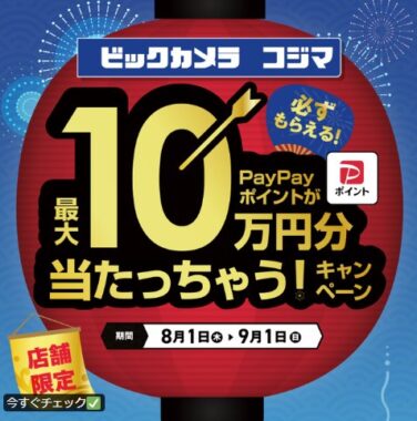 最大10万円分のPayPayポイントが当たる、ビックカメラのPayPay利用キャンペーン