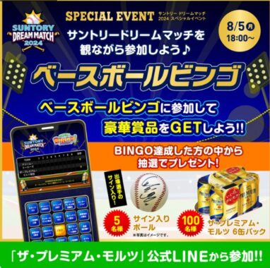 出場選手のサイン入りボールやプレモルが当たるベースボールビンゴキャンペーン