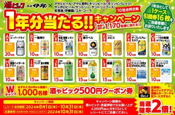 【酒ゃビック×メーカー各社】1年分当たる！！キャンペーン