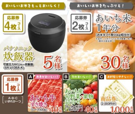 炊飯器や豪華グルメなどが当たる、JAあいちの新米キャンペーン