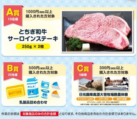 サーロインステーキや乳製品詰め合わせも当たる、牛乳購入キャンペーン
