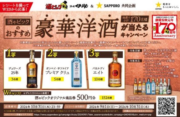 【酒ゃビック×サッポロビール】豪華洋酒が当たる!！キャンペーン