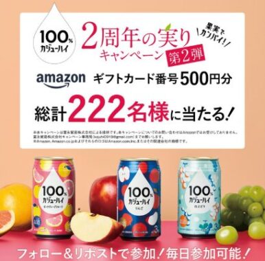 Amazonギフトカード500円分が222名様に当たる毎日応募Xキャンペーン