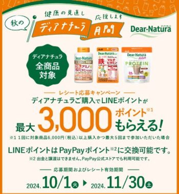 全プレ！最大3,000円分のLINEポイントがもらえる、ディアナチュラ月間キャンペーン