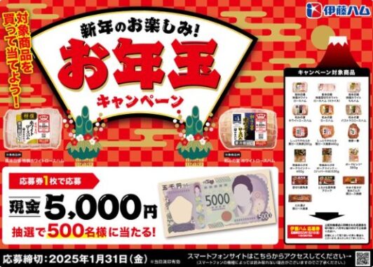 現金5,000円が500名様分に当たる、伊藤ハムのお年玉キャンペーン