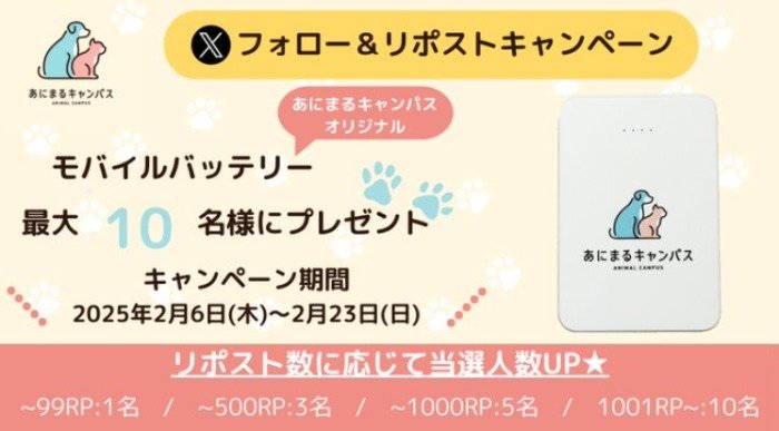 あにまるキャンパス オリジナルモバイルバッテリーが10名様に当たるX懸賞