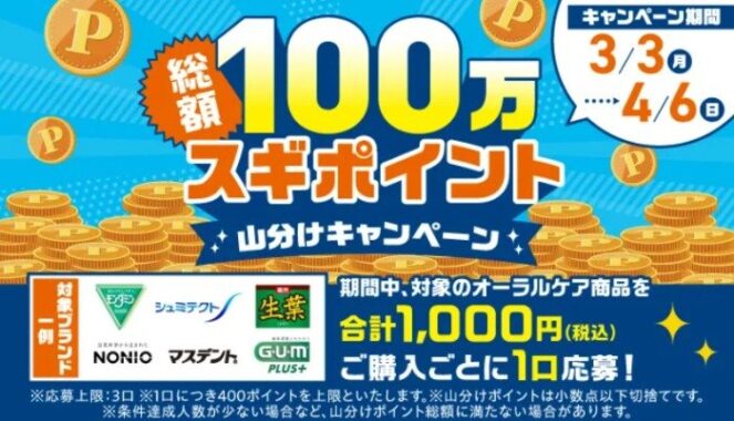 【スギ薬局】総額100万円分のスギポイントが当たるアプリキャンペーン