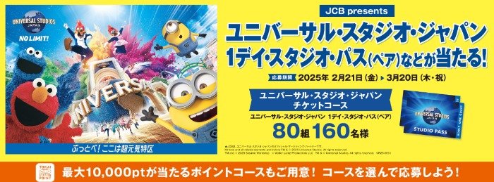 USJ 1デイ･スタジオ･パスが80名様に当たる、JCBカード利用キャンペーン