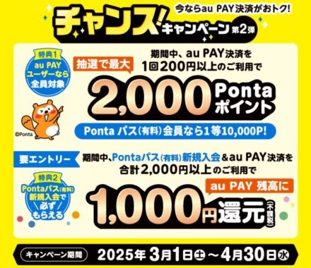 最大2,000Pontaポイントが当たる、au PAY利用キャンペーン