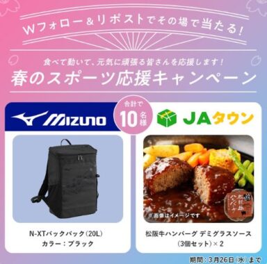 ミズノのバックパック＆松阪牛ハンバーグのセットがその場で当たる豪華懸賞