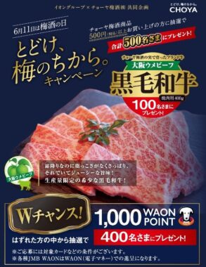 【イオングループ×チョーヤ】Wチャンスもアリ！黒毛和牛が当たる豪華懸賞