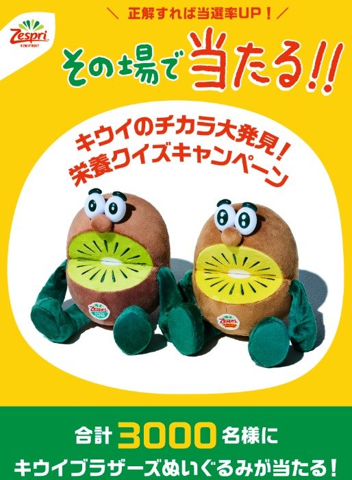 キウイブラザーズのぬいぐるみがその場で当たるクローズドキャンペーン