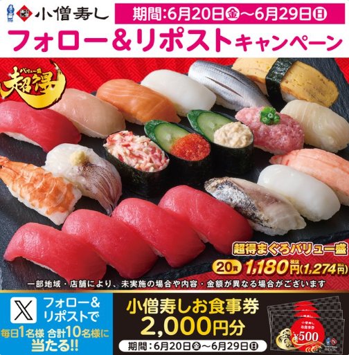 2,000円分の小僧寿し食事券が毎日1名様に当たるXキャンペーン