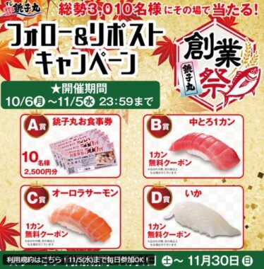 すし銚子丸の食事券や1カン無料クーポンがその場で当たるXキャンペーン