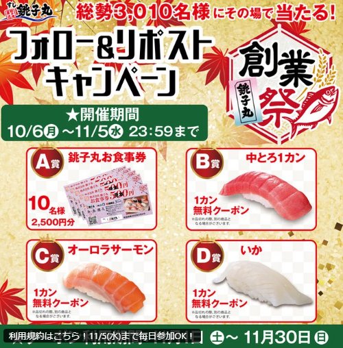 すし銚子丸の食事券や1カン無料クーポンがその場で当たるXキャンペーン