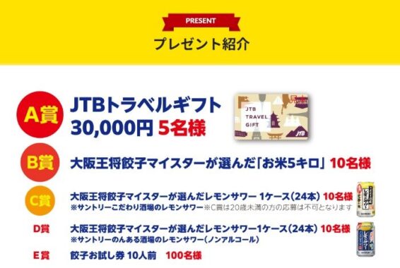 3万円分の旅行券やお酒などが当たる大阪王将のレシートキャンペーン