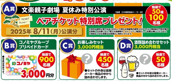 【コノミヤ】文楽親子劇場チケットやお楽しみセットなども当たるレシート懸賞