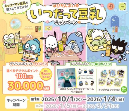 はぴだんぶいキャラクタールーム宿泊券なども当たるキッコーマンのレシート懸賞