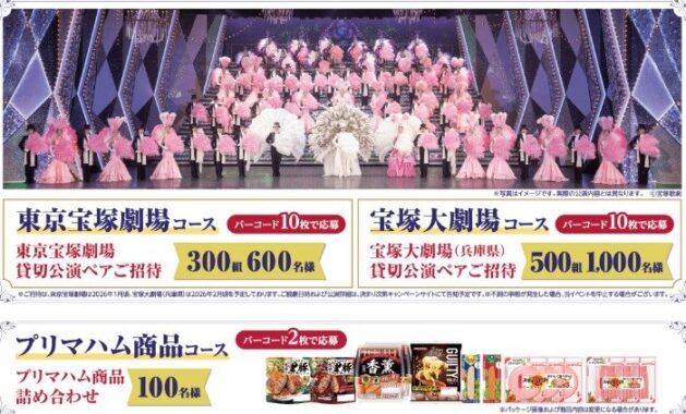 宝塚歌劇貸切公演チケットやプリマハム商品セットが当たるハガキキャンペーン