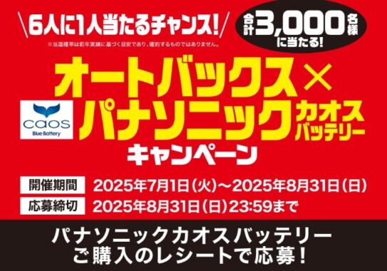 【オートバックス×パナソニック】3,000名様にえらべるPayが当たるレシート懸賞