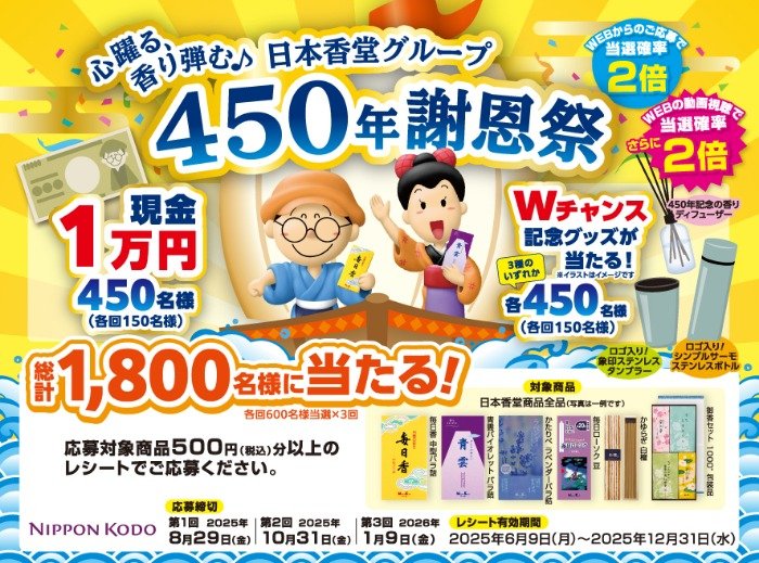 Wチャンスもアリ！現金1万円が当たる日本香堂のクローズドキャンペーン