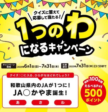 えらべるPay500ポイントが当たるJAわかやまのクイズキャンペーン