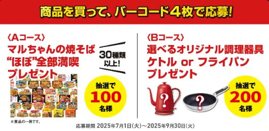 マルちゃんの焼きそば"ほぼ"全部や調理アイテムが当たる豪華ハガキ懸賞