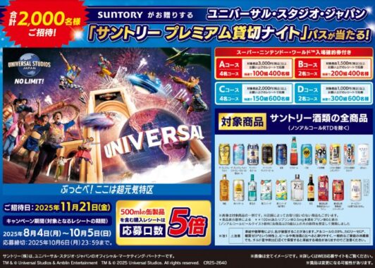 USJ　サントリー プレミアム貸切ナイト招待券が当たる豪華レシート懸賞