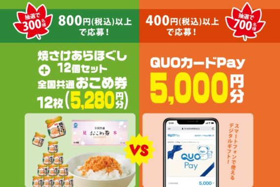 QUOカードPay5,000円分や焼さけあらほぐしセットなどが当たるクローズド懸賞