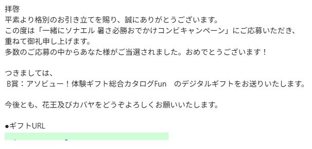 花王×カバヤのクローズド懸賞で「アソビュー！体験ギフト」が当選