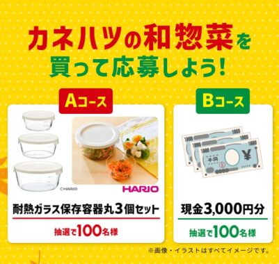 保存容器セットや現金が当たるカネハツのレシートキャンペーン