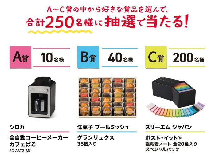 コーヒーメーカーや洋菓子セットも当たるポスト・イット購入キャンペーン