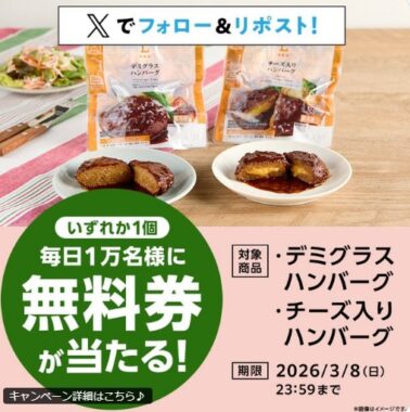 毎日1万名様にデミグラスハンバーグ・チーズ入りハンバーグのクーポンが当たる大量当選X懸賞