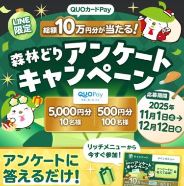 総額10万円分のQUOカードPayが当たる森林どりのアンケート懸賞