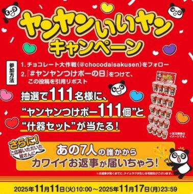 ヤンヤンつけボー111個が当たる毎日応募Xキャンペーン