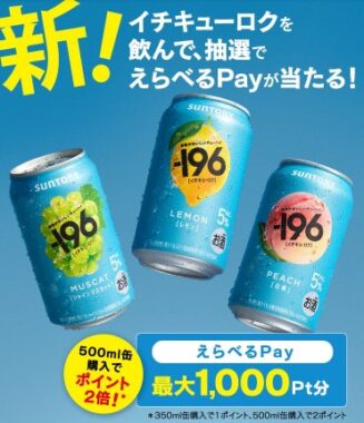 最大1,000ポイント分のえらべるPayがその場で当たるサントリーのクローズド懸賞