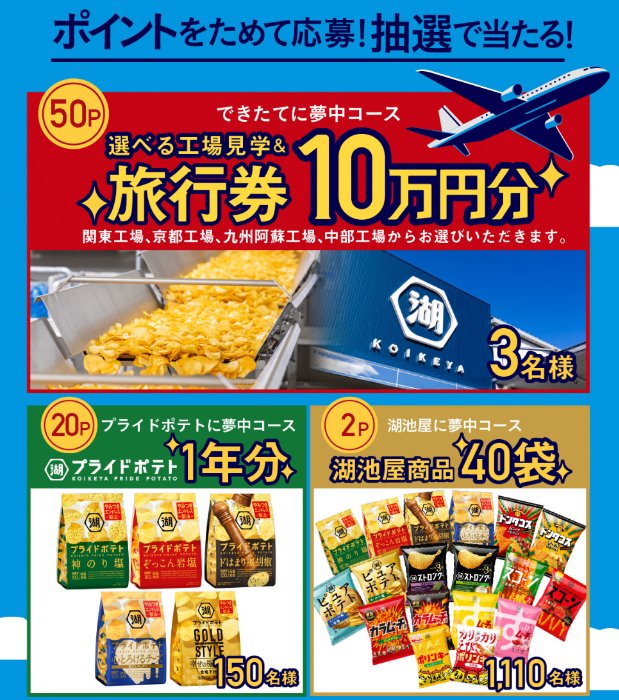 10万円分の旅行券や湖池屋のお菓子セットが当たる豪華クローズド懸賞