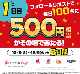 毎日100名様にえらべるPay500円相当がその場で当たるXキャンペーン