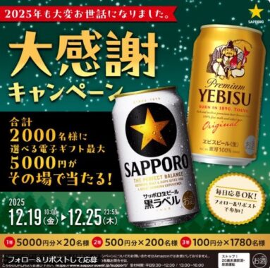 最大5,000円分の電子ギフトが2,000名様にその場で当たるXキャンペーン