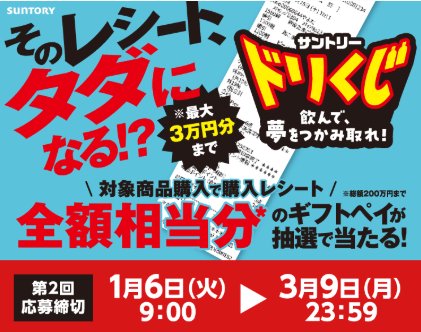レシート全額相当分のギフトペイが当たるサントリーの豪華キャンペーン