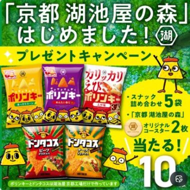 湖池屋スナック詰め合わせ&オリジナルコースターがその場で当たるX懸賞